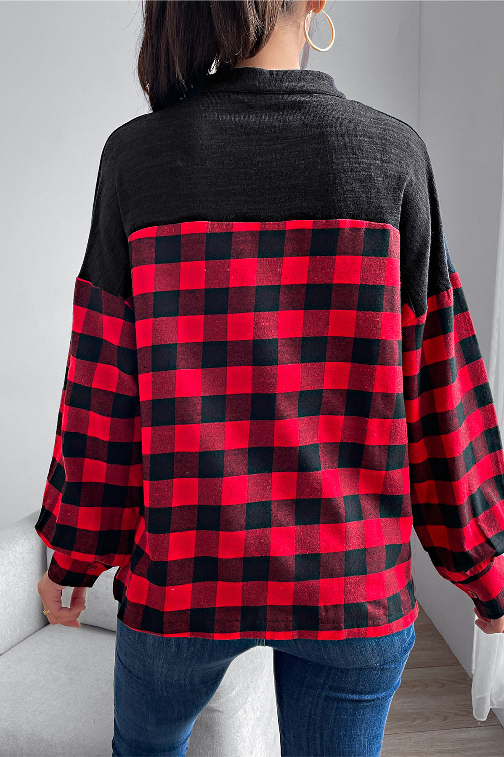 Trendy Buffalo Plaid Color Block Balloon Sleeve Top with Notched Neckline - Casual Style