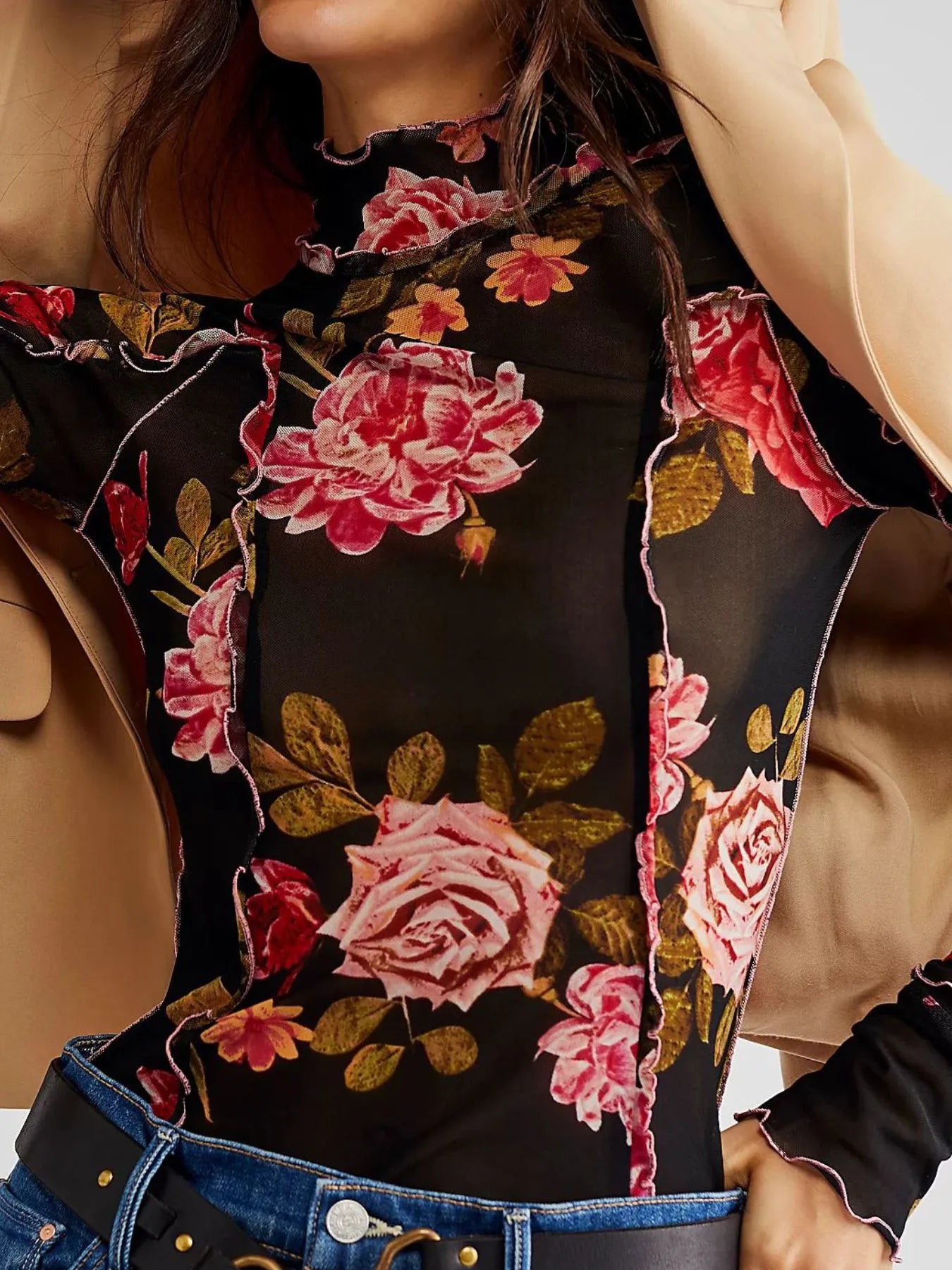 Sheer Floral Print Mock Neck Long Sleeve Top in Polyester-Cotton Blend