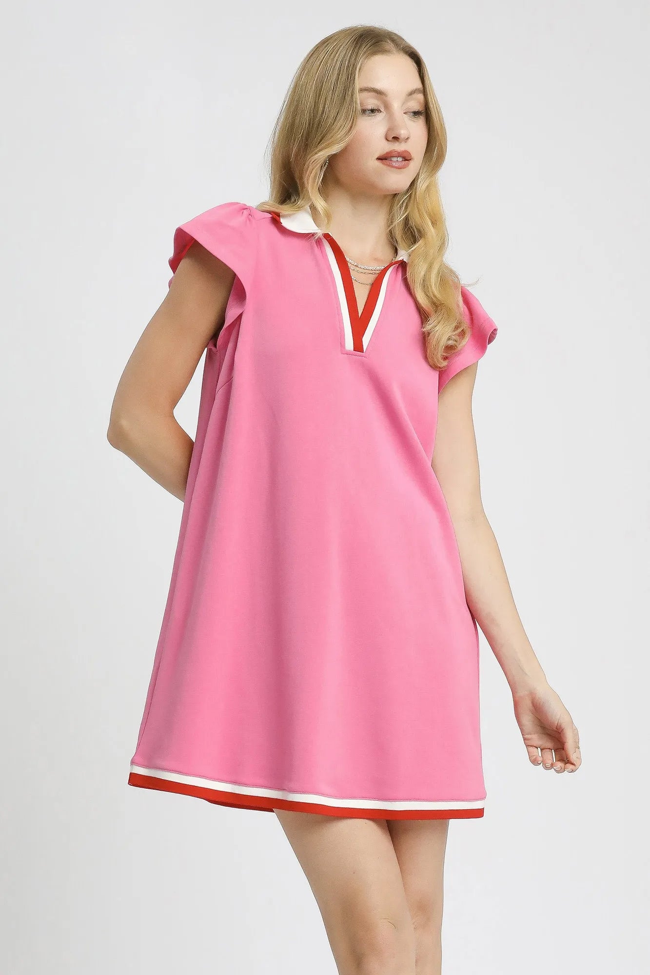 Sporty Pink Mini Dress with Contrast Red and White Trim – Short Cap Sleeves, Cotton Blend Comfort