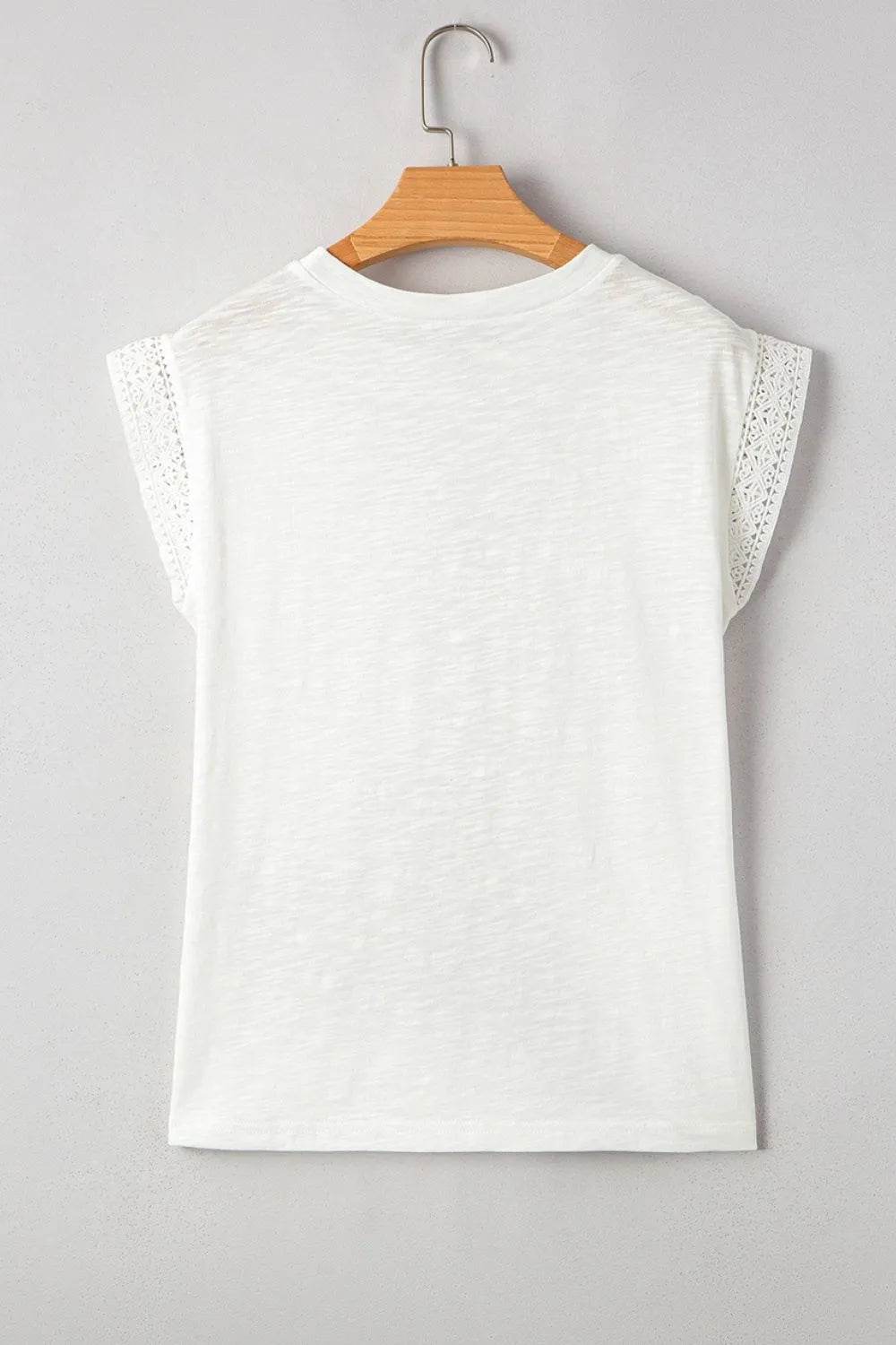 Lace Patchwork Cap Sleeve T-Shirt with Round Neck - Soft Polyester Cotton Blend - Store 42