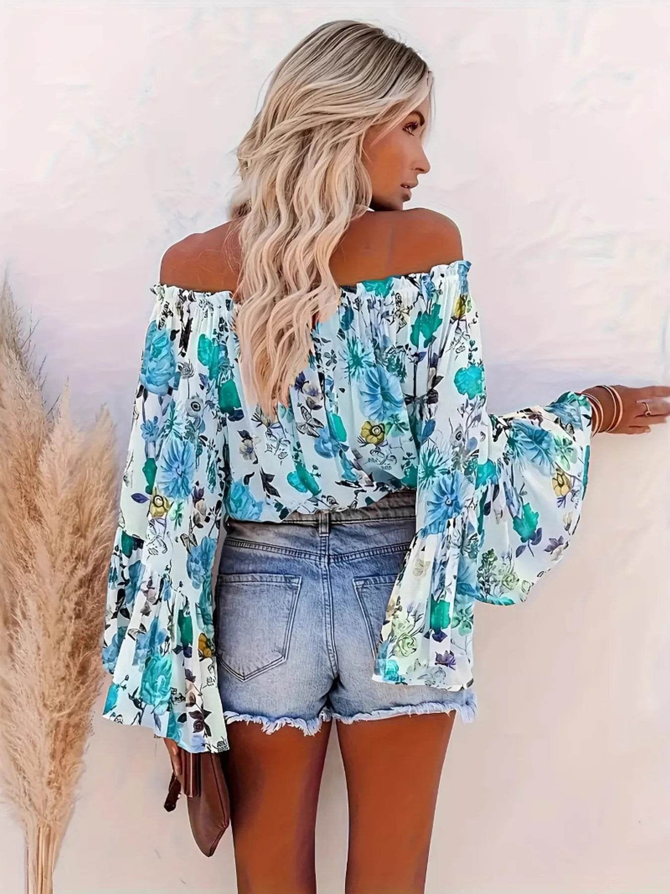Full Size Floral Off-Shoulder Bell Sleeve Blouse Plus Size - Store 42
