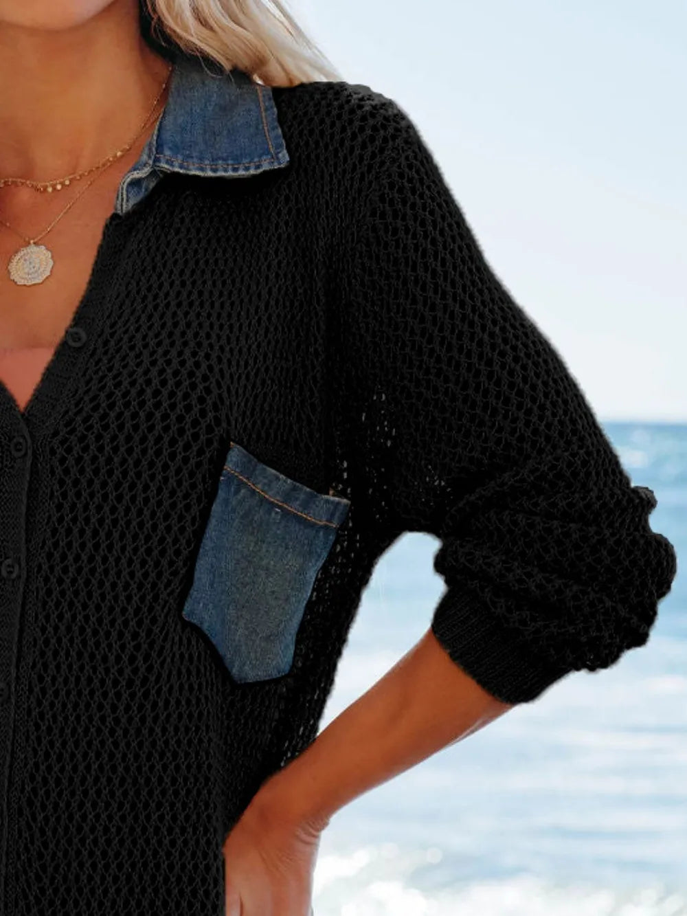 Trendsi Sheer Side Slit Openwork Cover-Up with Collared Neck and Pockets