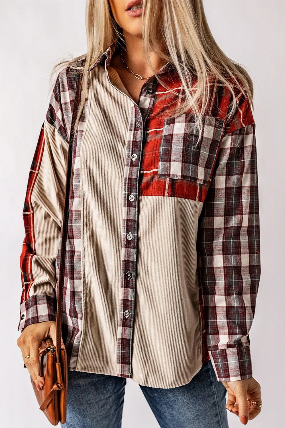 Stylish Plaid Patchwork Collared Neck Shacket with Pockets - 100% Cotton, Casual Layering