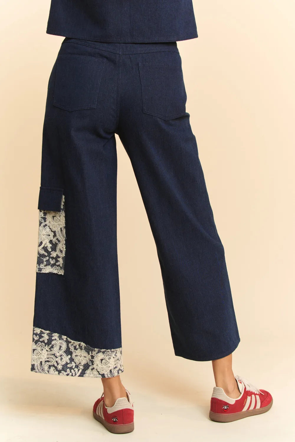 Davi & Dani Wide Leg Jeans with Lace Applique Detail - Trendy Feminine Style in 100% Cotton