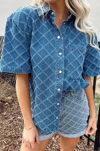 Pocketed Collared Neck Short Sleeve Denim Shirt