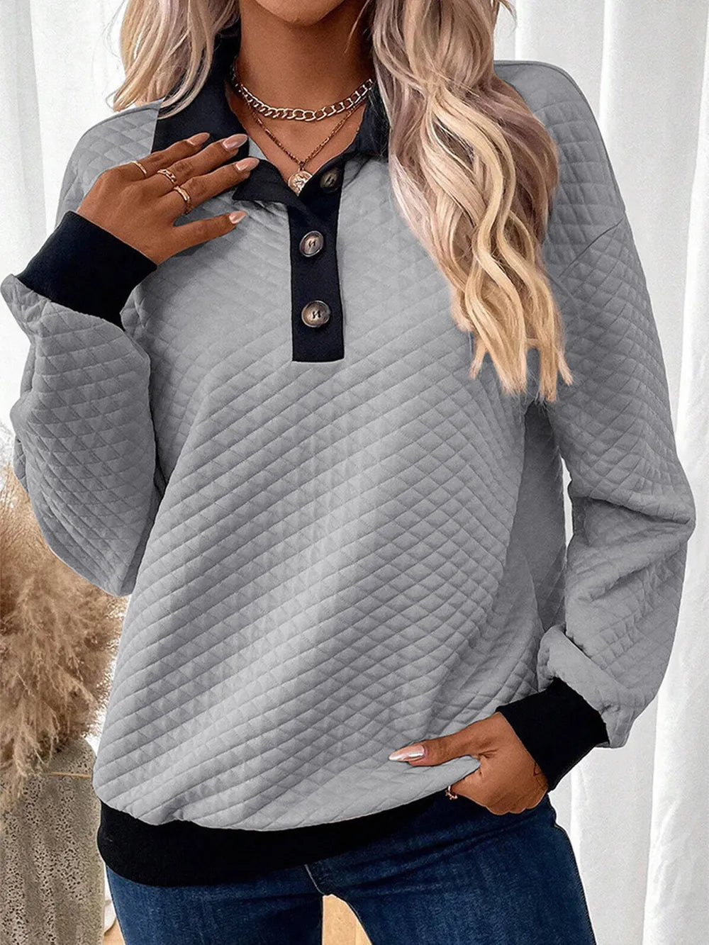 Textured Quarter Button Long Sleeve Sweatshirt - Opaque, 100% Polyester, Machine Washable