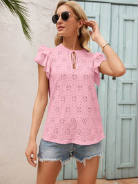 Ivy Lane Solid Eyelet Tie Neck Flutter Sleeve Blouse for Casual Elegance - Store 42
