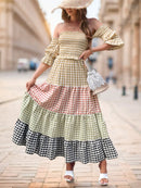 Color Block Plaid Off-Shoulder Maxi Dress Plaid