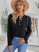 Button Detail Long Sleeve Knit Top Black