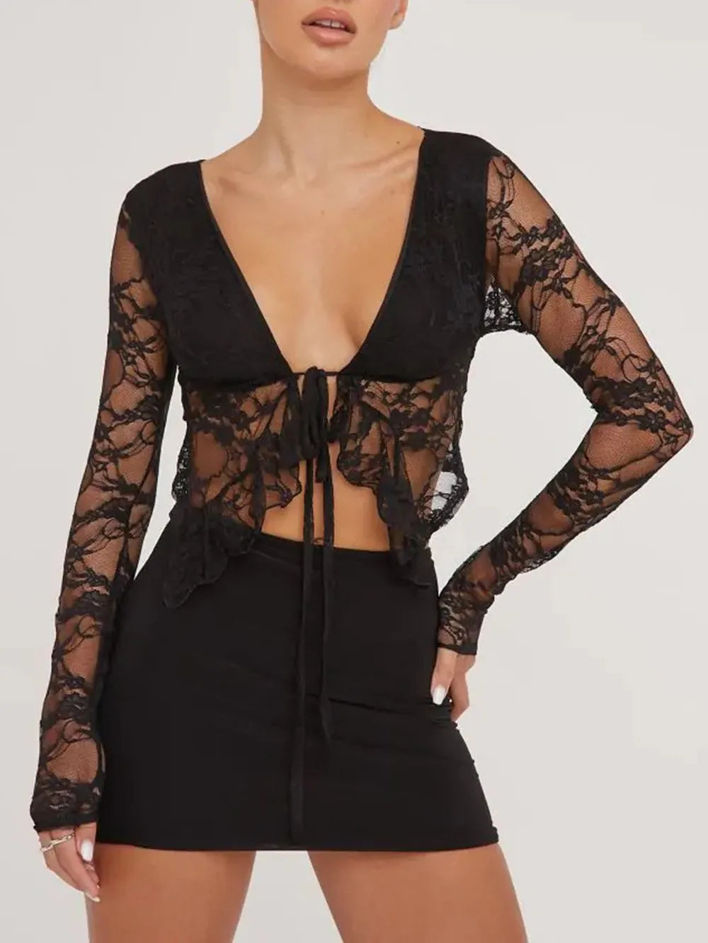 Tied Plunge Long Sleeve Lace Cropped Shirt Black