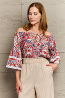 Perfee Off Shoulder Bohemian Style Blouse Multicolor