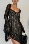 Lace Sweetheart Neck Flare Sleeve Mini Dress Black