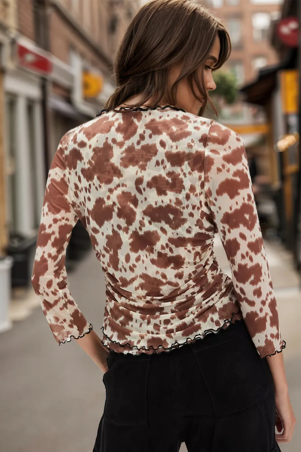 Oh Full Size Animal Print Semi-Sheer Button Down Plunge Top - Slightly Stretchy Polyester