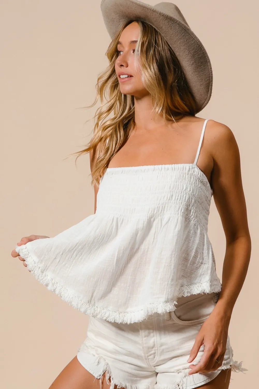 Trendy BiBi Fringed Hem Smocked Cami in 100% Cotton - Chic and Versatile Summer Top