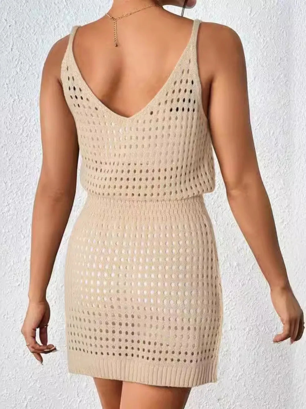 Trendsi Openwork V-Neck Sleeveless Cover Up Dress - Sheer Stretchy 100% Acrylic