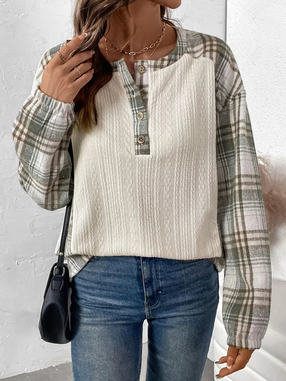 Perfee Plaid Half Button Long Sleeve T-Shirt - Opaque, Slightly Stretchy Cotton-Polyester Blend