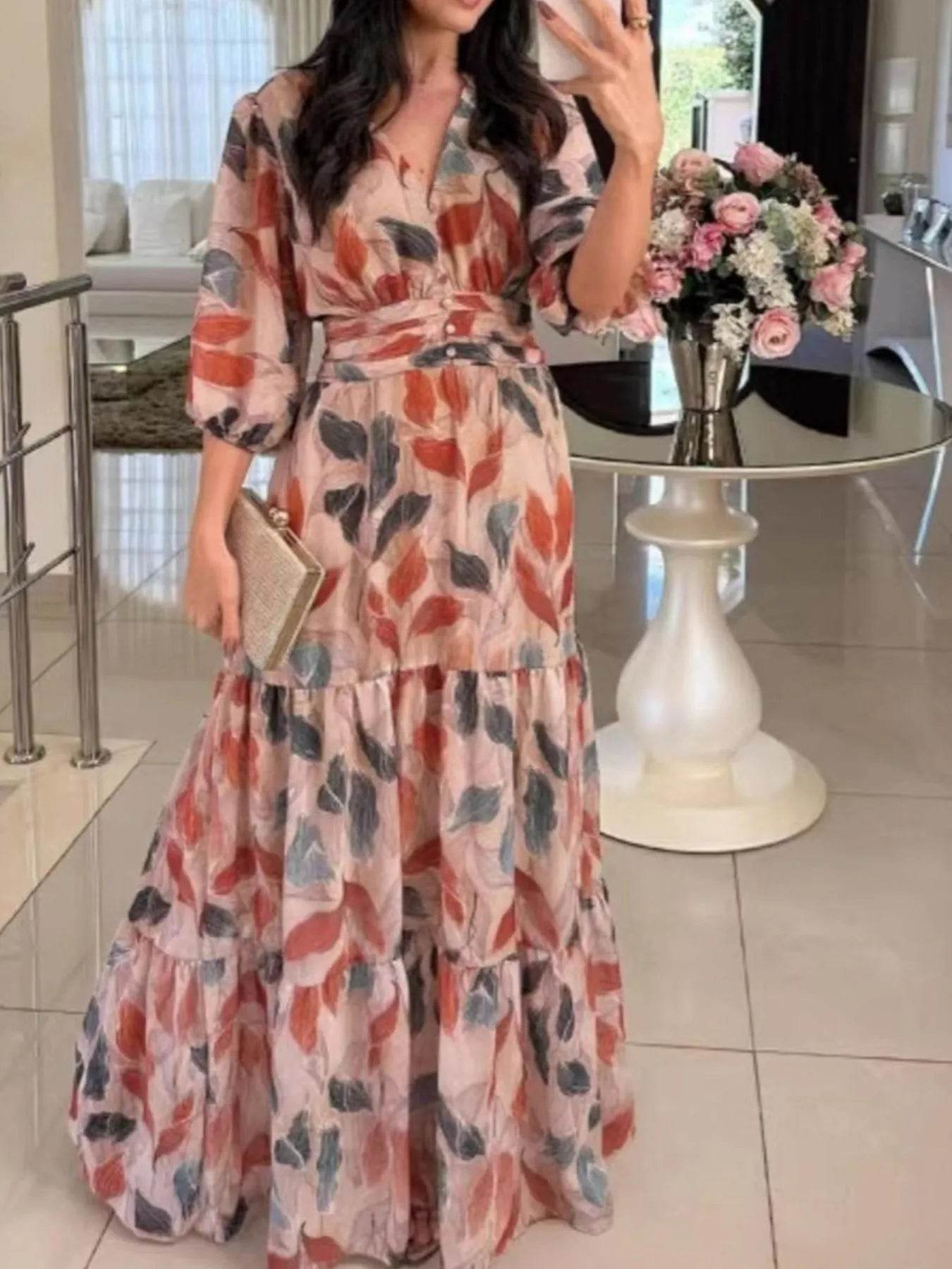 Full Size Printed V-Neck Maxi Dress with Tiered Hemline Plus Size - Store 42