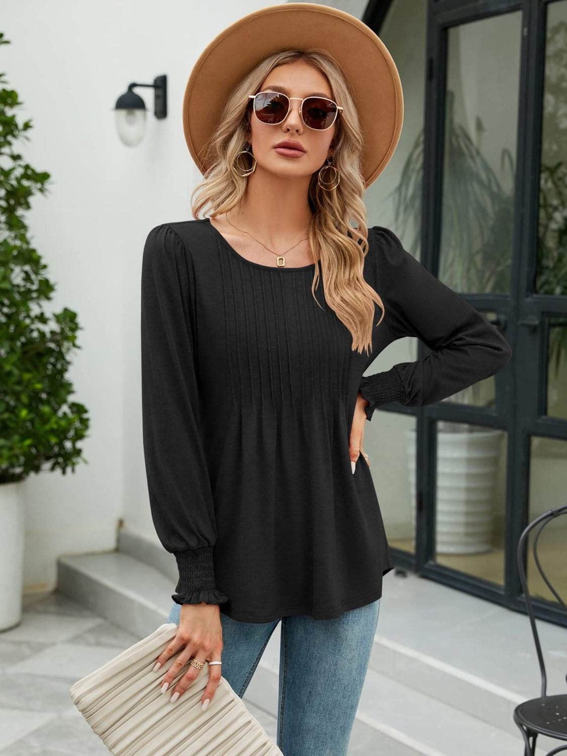 Stylish Smocked Round Neck Blouse With Lantern Sleeves - Opaque 65% Rayon, 35% Polyester - Store 42