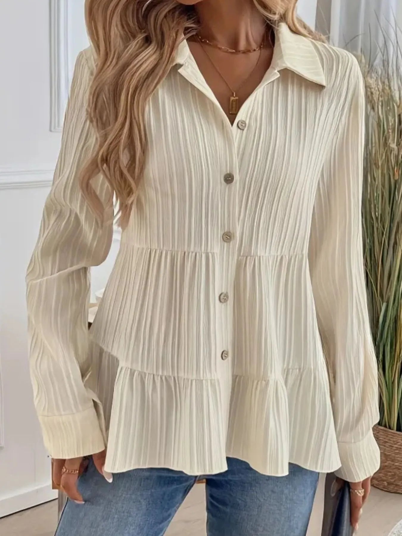Stylish Striped Button-Down Tiered Shirt for Women - 100% Polyester, Machine Washable