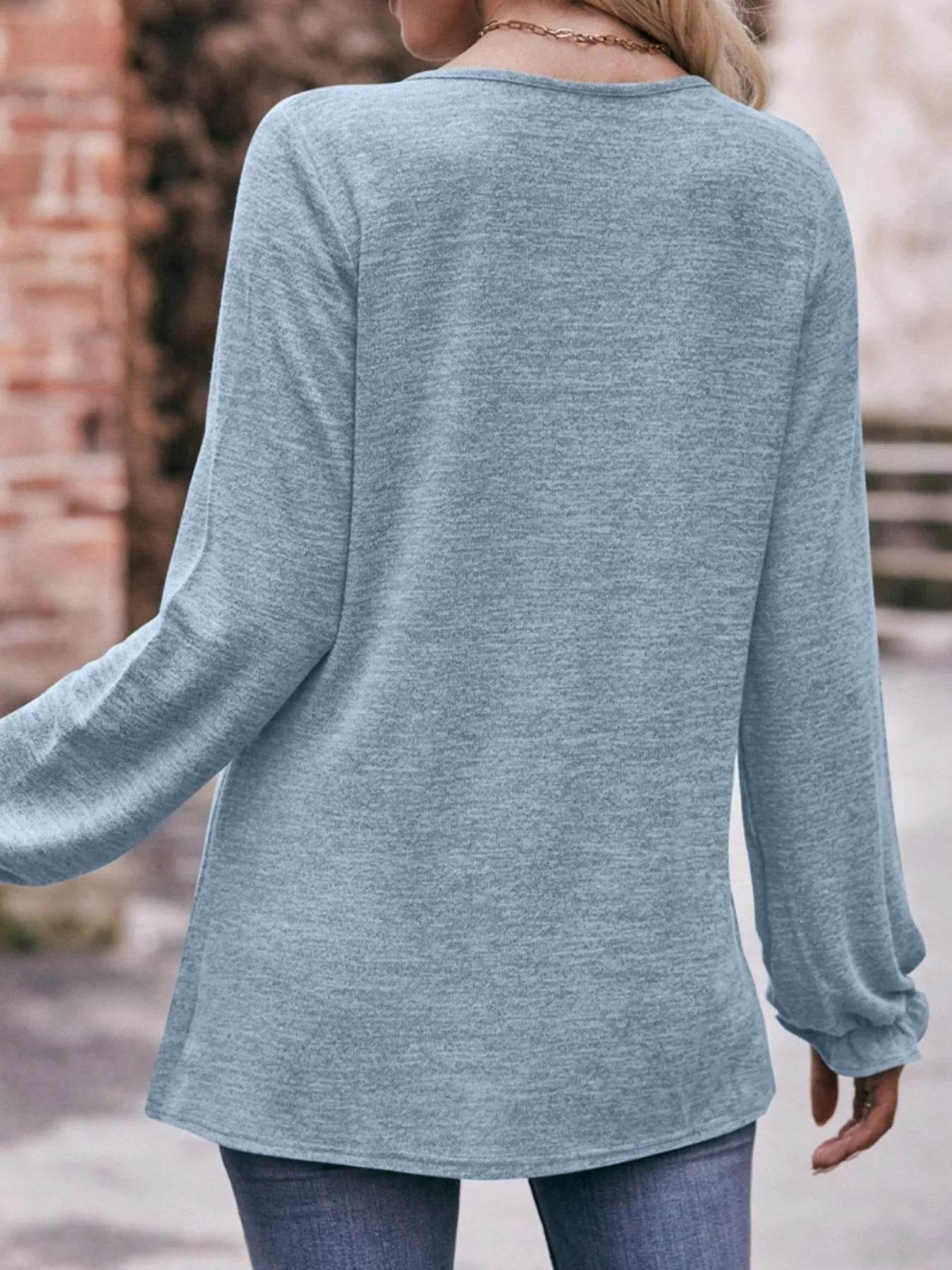 Slightly Stretchy Ruched Round Neck Long Sleeve T-Shirt - Casual Everyday Essential - Store 42