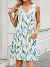 Printed V-Neck Sleeveless Mini Dress with Pockets White