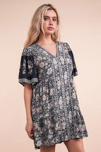 VERY J Shirring Detail Printed Woven Mini Dress