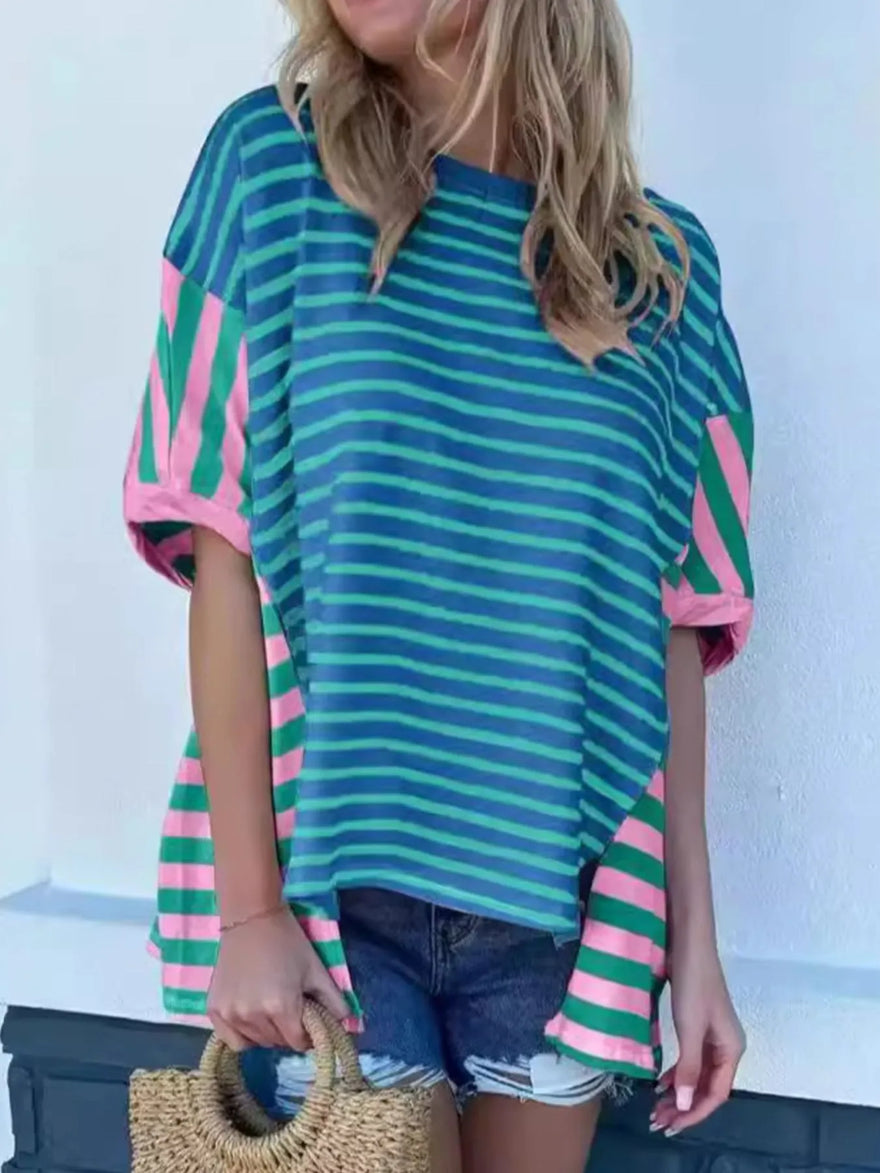 Stylish Colorful Striped Oversized T-Shirt for Women - Soft 100% Polyester & Slightly Stretchy