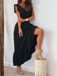Ruffled V-Neck Cap Sleeve Maxi Dress