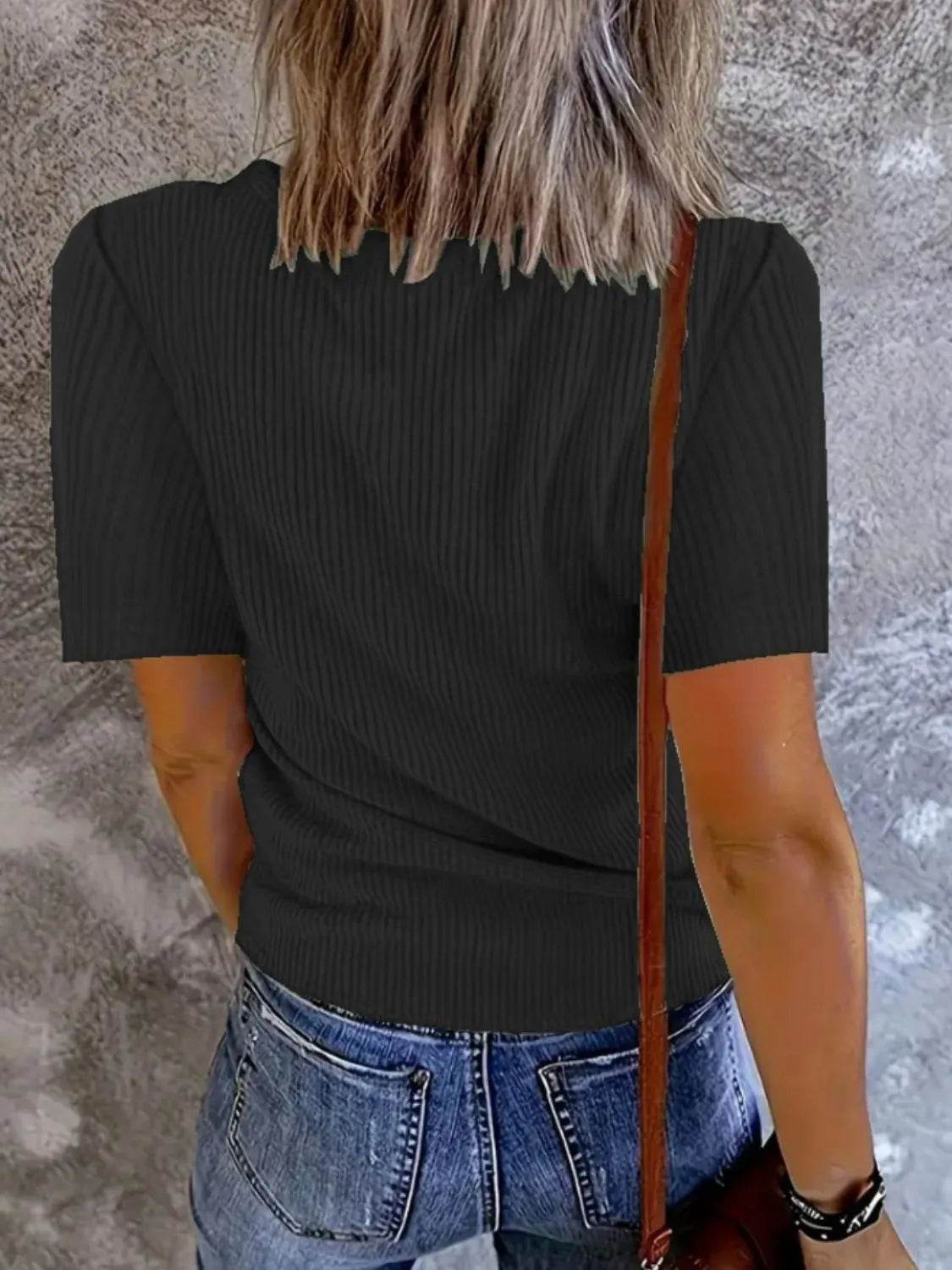Trendy Solid V-Neck Short Sleeve T-Shirt - Slightly Stretchy, 95% Polyester, 5% Spandex - Store 42