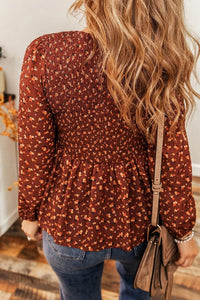 Trendsi Floral Smocked Ruffle Hem Blouse - Long Sleeve Opaque Polyester Top - Store 42