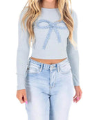 Fitted Long Sleeve T-Shirt with Bow Detail - 100% Polyester, Slightly Stretchy Style - Store 42