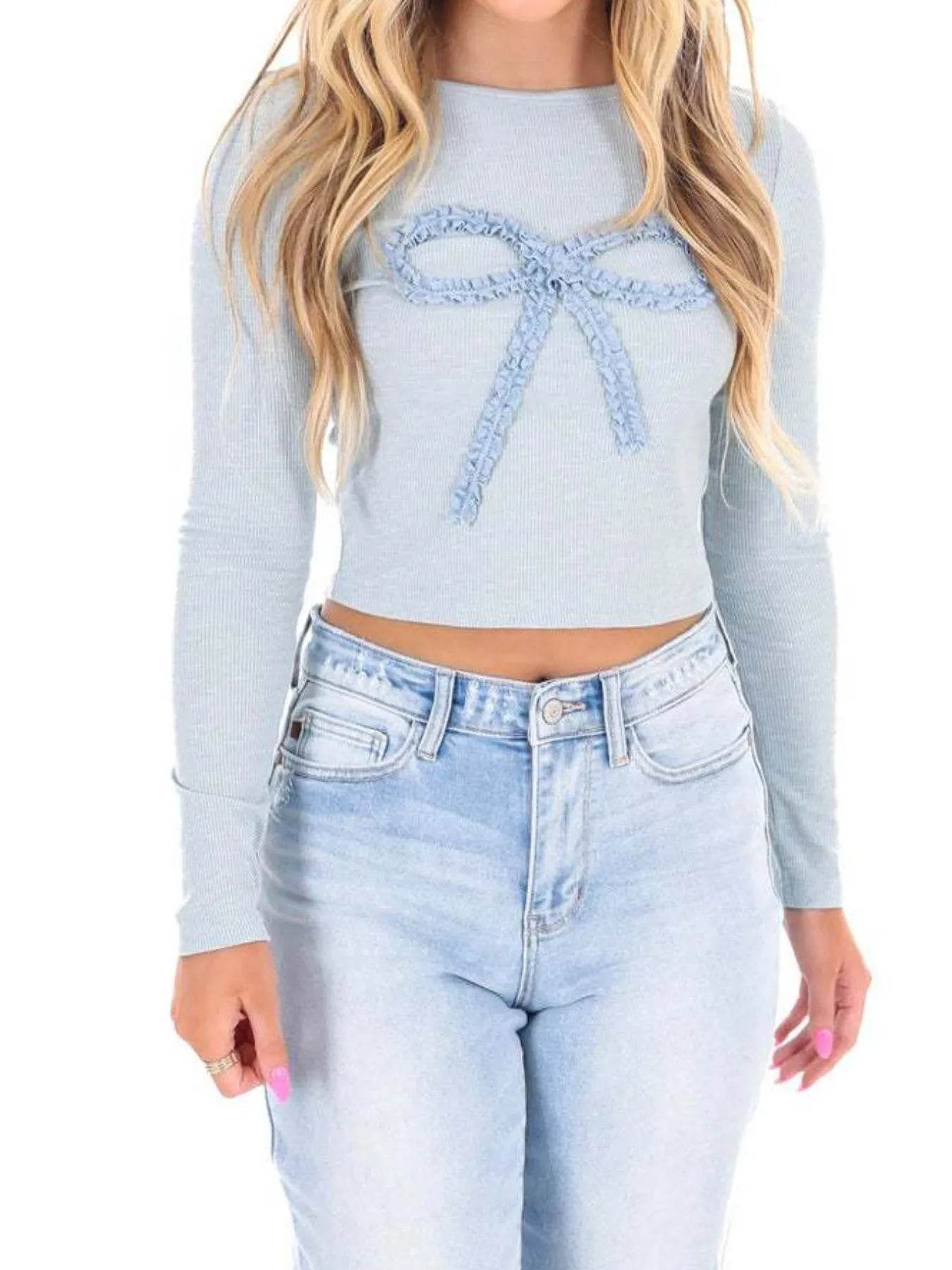 Fitted Long Sleeve T-Shirt with Bow Detail - 100% Polyester, Slightly Stretchy Style - Store 42