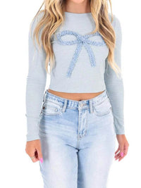 Fitted Long Sleeve T-Shirt with Bow Detail - 100% Polyester, Slightly Stretchy Style - Store 42