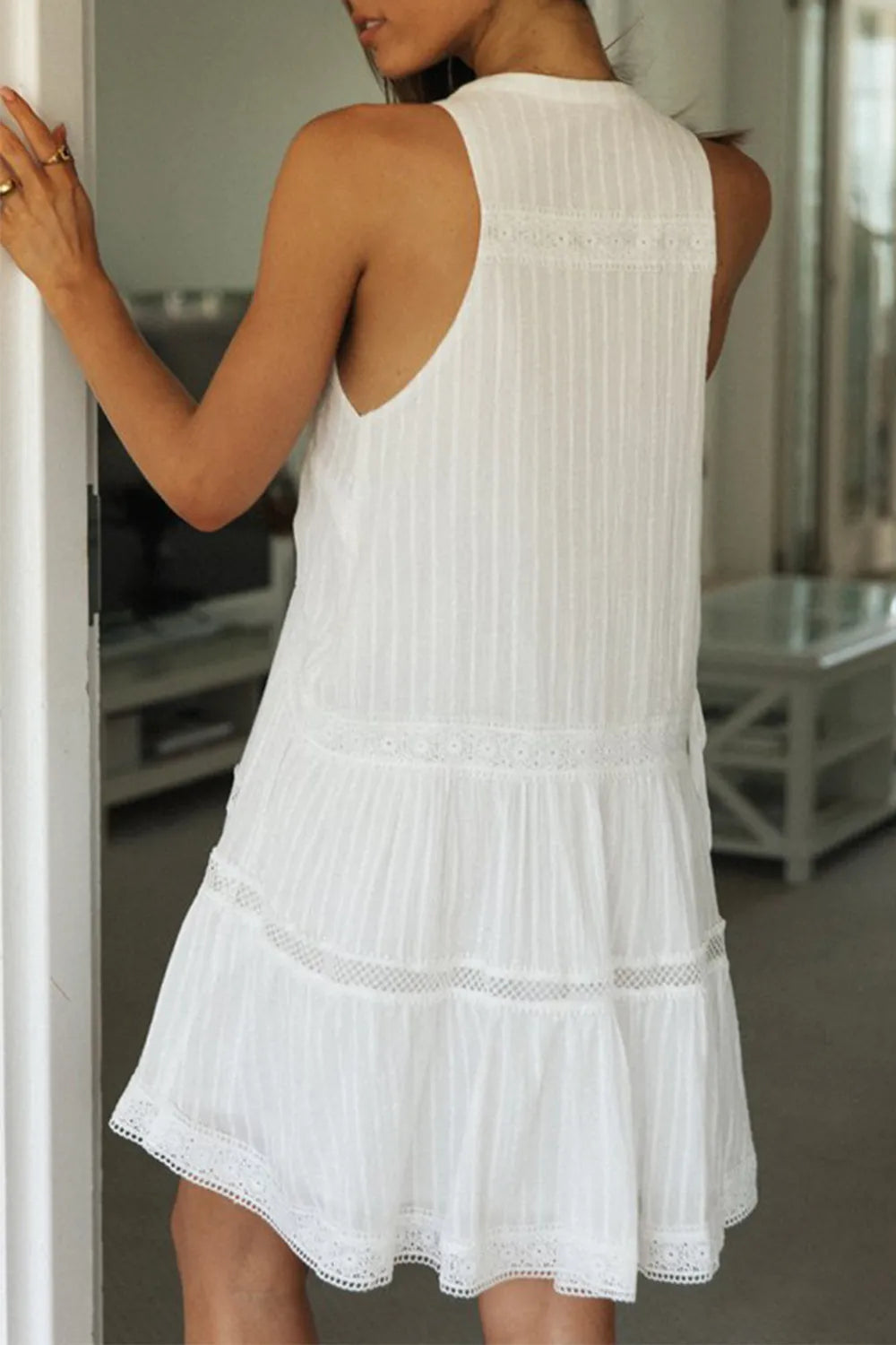 Trendy Half Button Sleeveless Mini Dress With Lace Detail - 100% Cotton Opaque Design