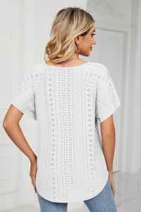 Trendsi Casual Eyelet Tie-Neck Flutter Sleeve Top in Solid Color - Slightly Stretchy V-Neck Design - Store 42
