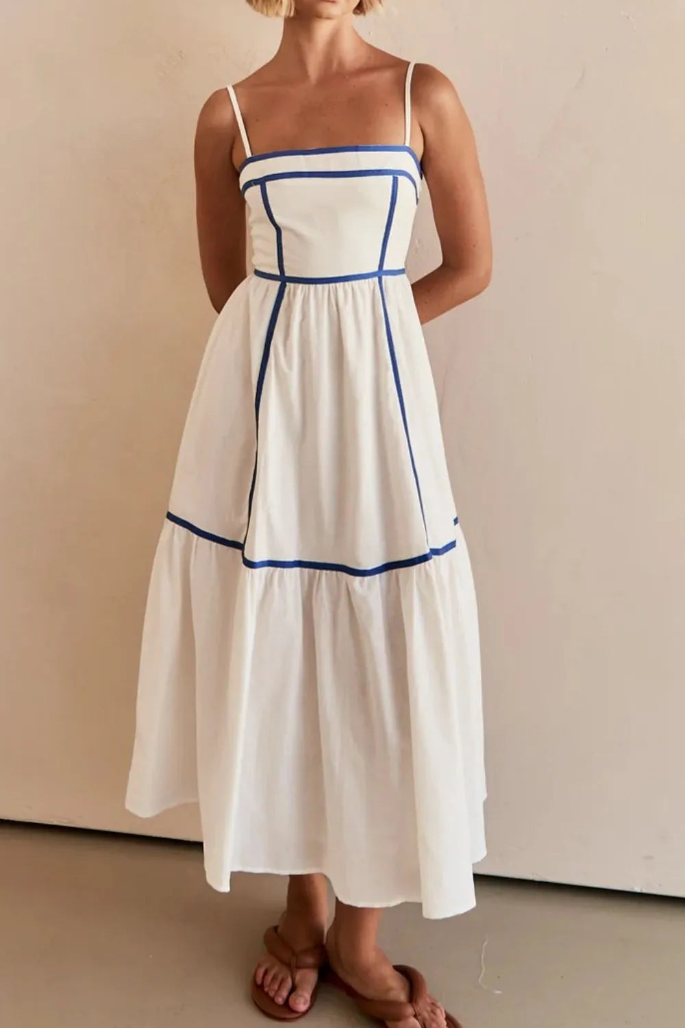 Square Neck Midi Cami Dress with Contrast Trim and Ruched Details - 100% Polyester