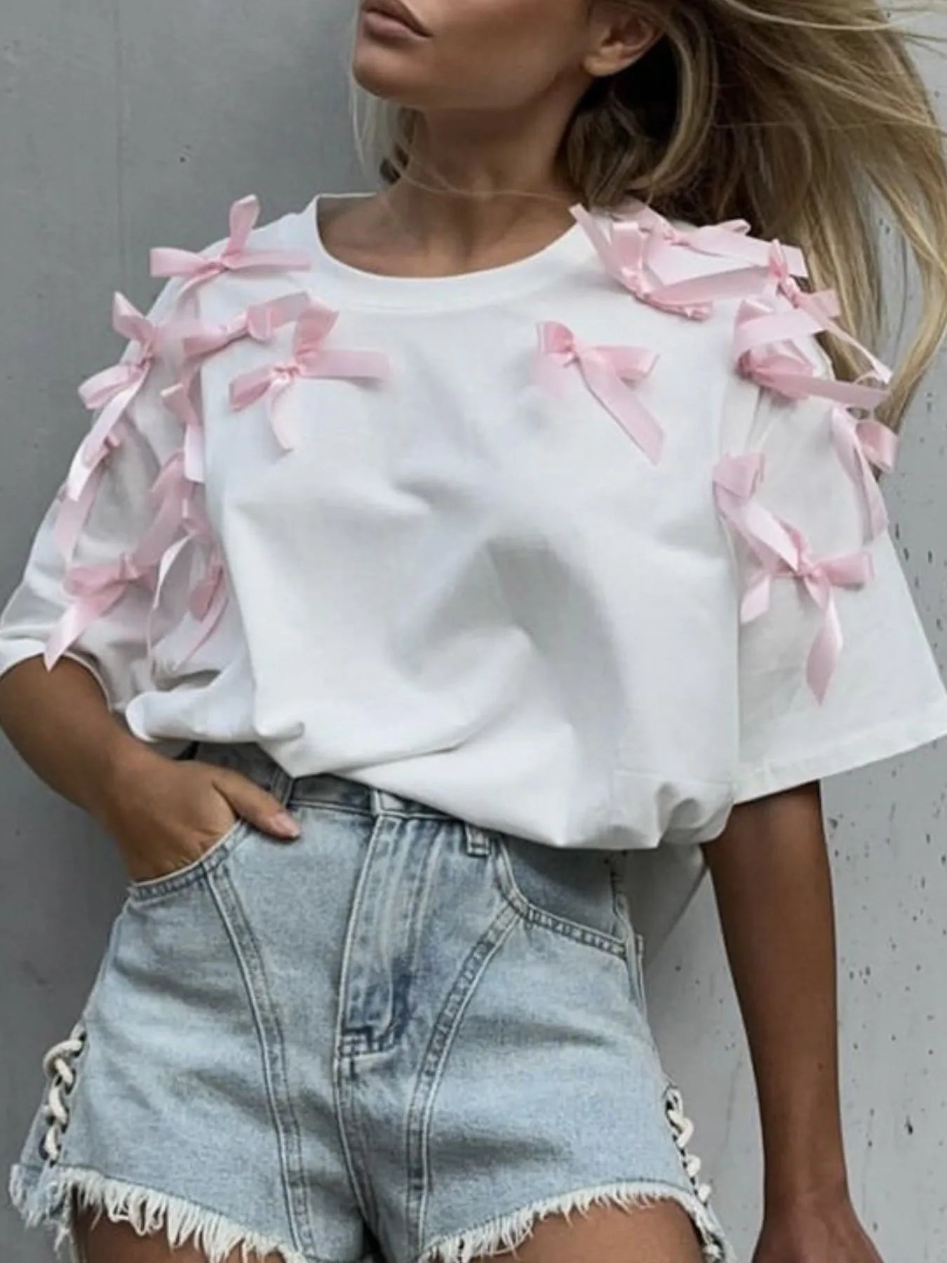 Trendsi Oversized Bow Short Sleeve T-Shirt - 100% Polyester, Machine Washable, Stylish Comfort