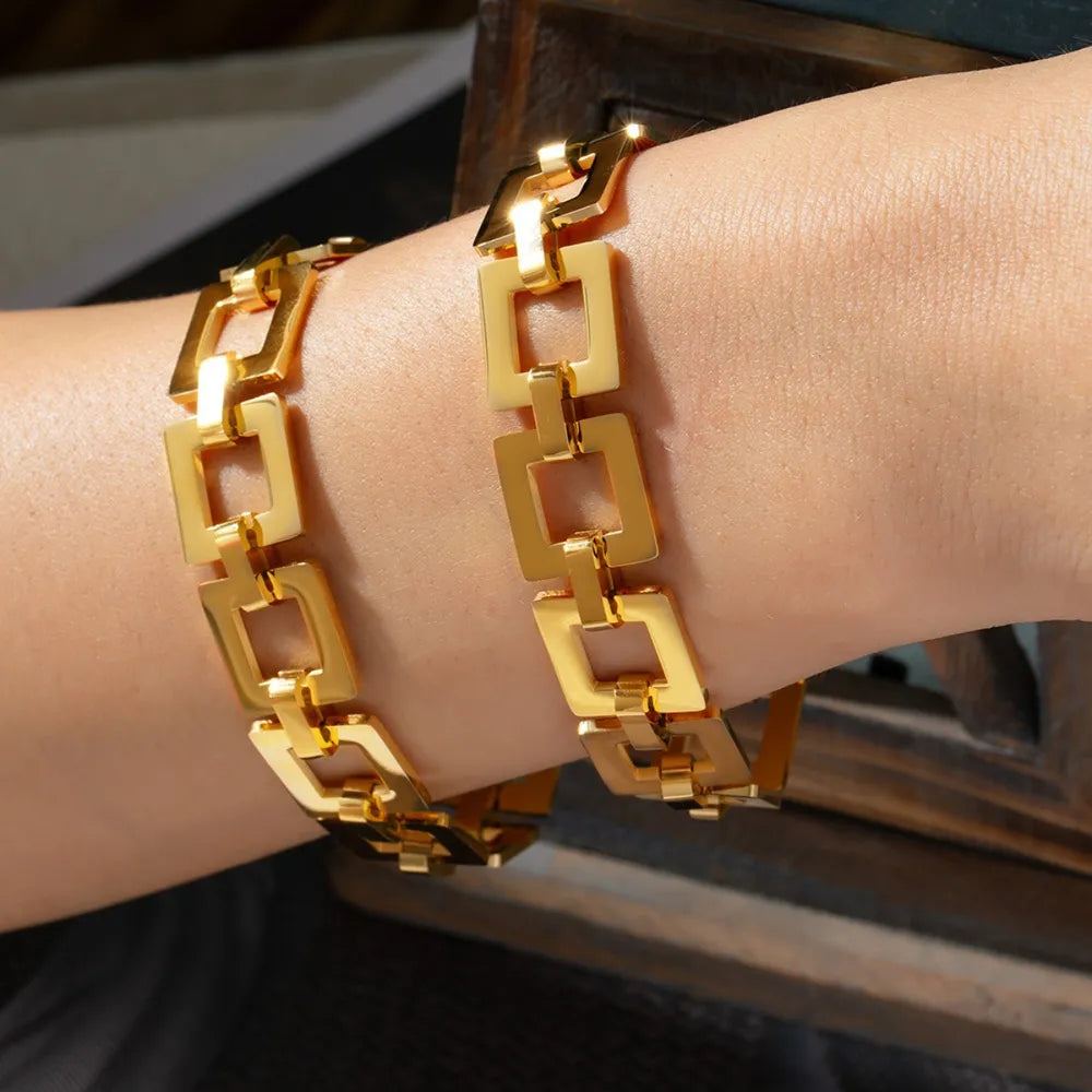 18K Gold-Plated Titanium Steel Hollow Square Chain Bracelet – Stylish & Durable Design