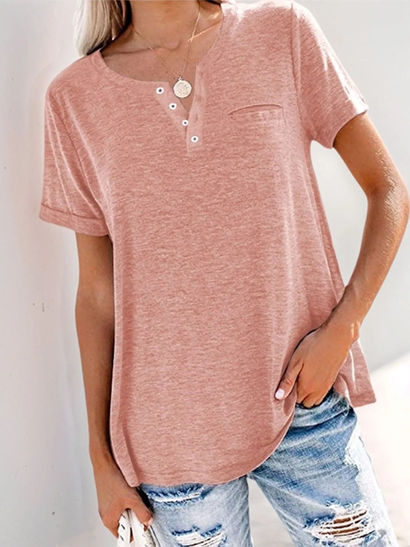 Plus Size Full Length Notched Short Sleeve T-Shirt - Soft Stretchy Polyester Blend