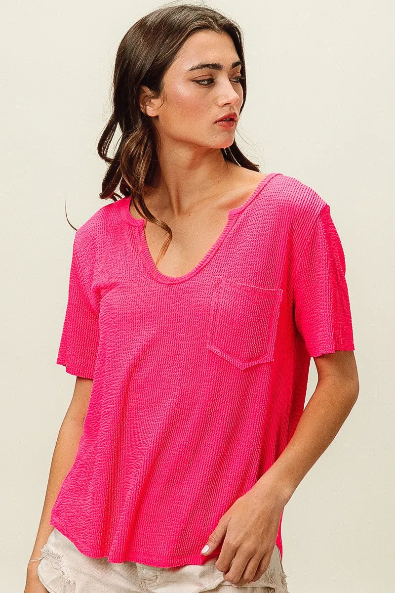 Vibrant Pink V-Neck Top With Front Pocket - Soft Textured Fabric, Relaxed Fit & Slight Stretch