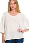 Zenana Brushed Waffle Exposed-seam 3/4 Sleeve Top OFF WHITE