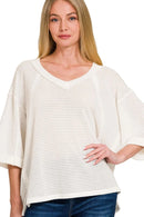 Zenana Brushed Waffle Exposed-seam 3/4 Sleeve Top OFF WHITE