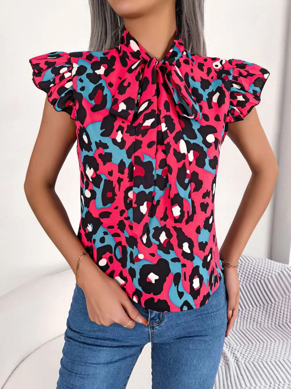 Leopard Print Tie Neck Blouse with Cap Sleeves – Opaque 100% Polyester