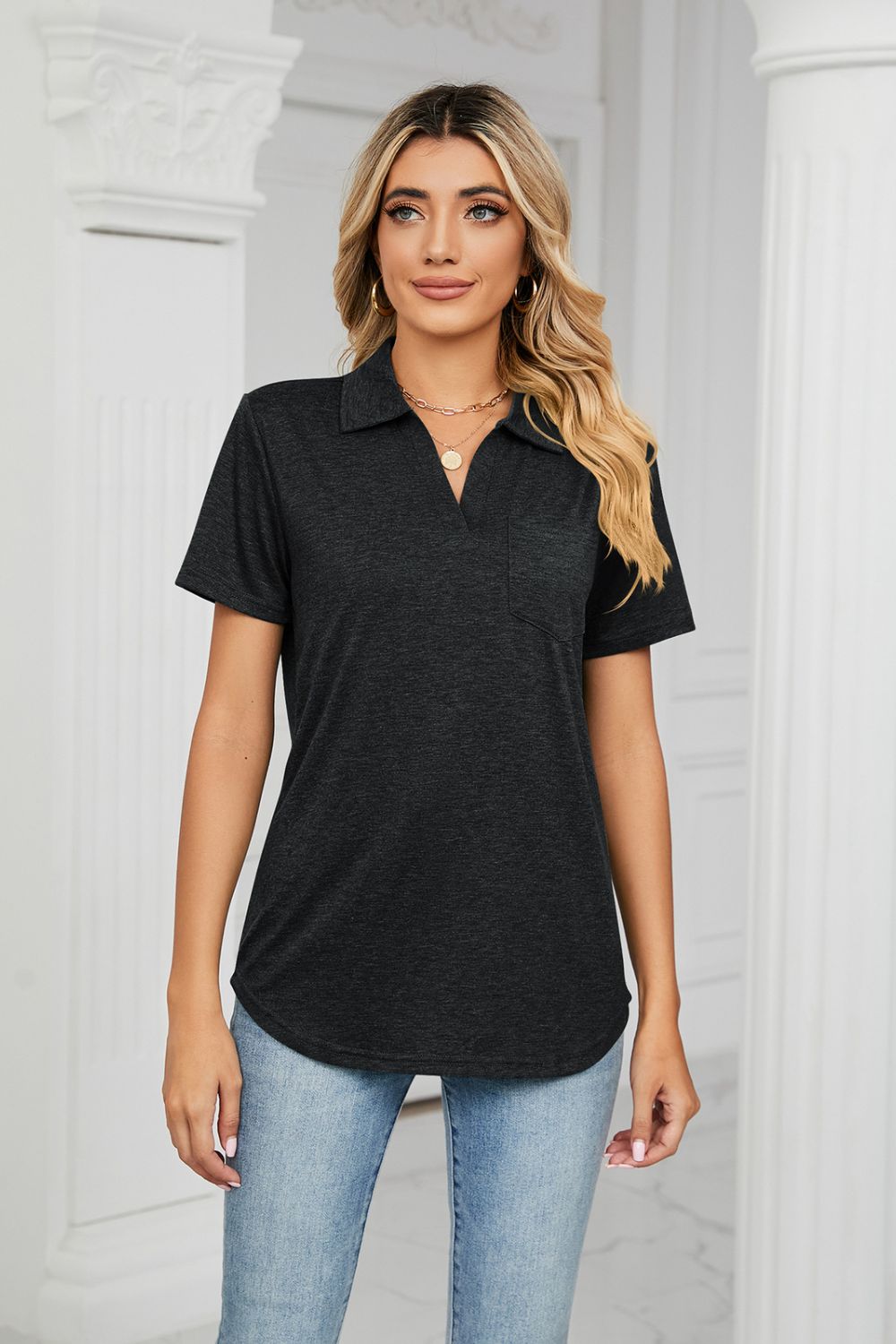 Curved Hem Johnny Collar Polo Shirt With Pockets - Casual Short Sleeve Rayon Blend