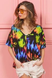 Trendy Tie Dye Print V-Neck Top in Soft Cotton - Chic Jersey Stitched Design - Store 42