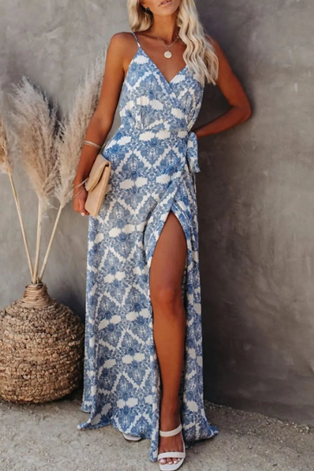 Stylish Printed Tied Maxi Cami Dress - Opaque, Non-Stretch, 65% Polyester, 35% Cotton