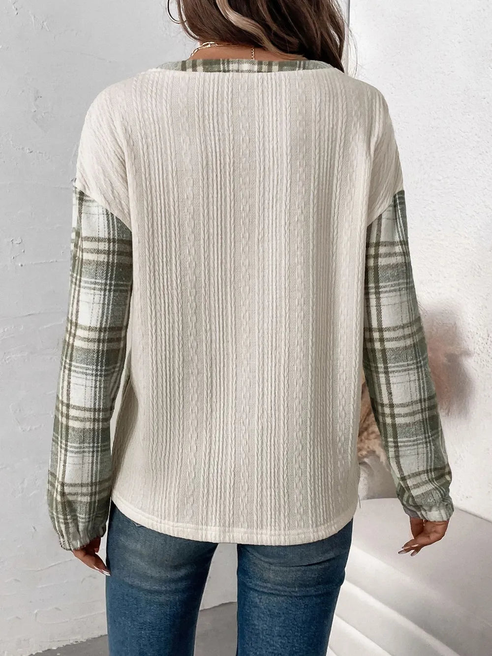 Perfee Plaid Half Button Long Sleeve T-Shirt - Opaque, Slightly Stretchy Cotton-Polyester Blend