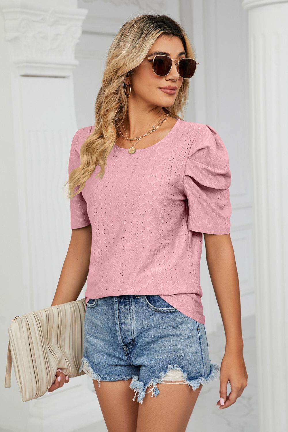 Trendsi Eyelet Puff Sleeve Blouse - Casual Round Neck Top for Every Occasion - Store 42