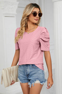 Trendsi Eyelet Puff Sleeve Blouse - Casual Round Neck Top for Every Occasion - Store 42