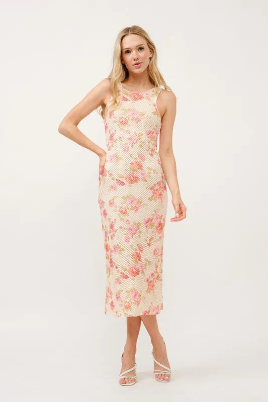 Floral Fishnet Bodycon Midi Dress - Edgy Mesh Design With Flattering Fit - Perfect For Special Events